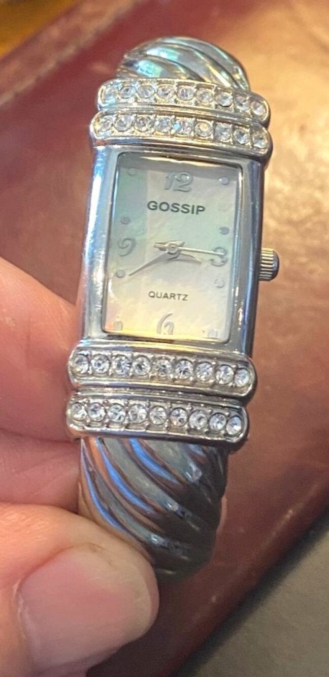 Women's 20mm Silver Tone Gossip Watch, Crystal Accents, MOP Face, Bangle Bracele